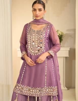 Mauve heavy simar silk blend mirror work top palazzo & dupatta set 2