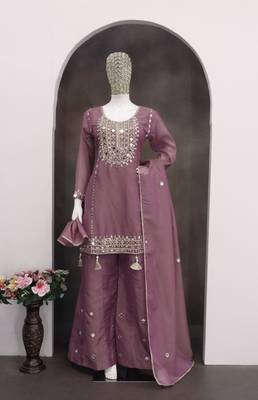 Mauve heavy simar silk blend mirror work top palazzo & dupatta set 3