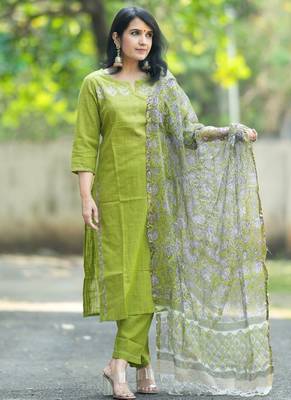 Beautiful mehendi green intricate thread embroidery khadi cotton straight kurta set with handblock kota doria dupatta 1