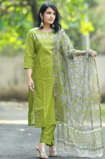 Beautiful mehendi green intricate thread embroidery khadi cotton straight kurta set with handblock kota doria dupatta