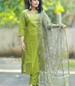 Beautiful mehendi green intricate thread embroidery khadi cotton straight kurta set with handblock kota doria dupatta