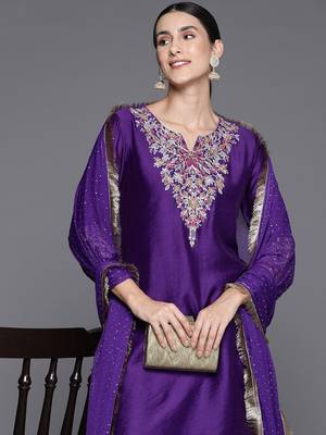 Women Floral Yoke Design Sequinned Chanderi Silk Kurta with Palazzos & Dupatta 2