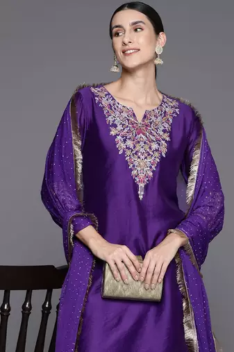 Women Floral Yoke Design Sequinned Chanderi Silk Kurta with Palazzos & Dupatta
