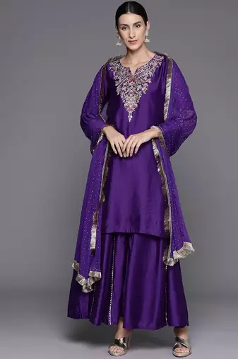 Women Floral Yoke Design Sequinned Chanderi Silk Kurta with Palazzos & Dupatta