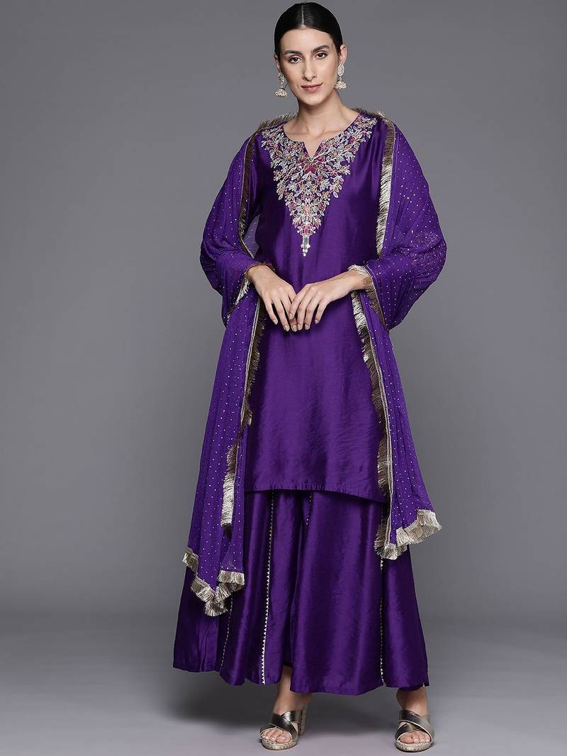 Women Floral Yoke Design Sequinned Chanderi Silk Kurta with Palazzos & Dupatta