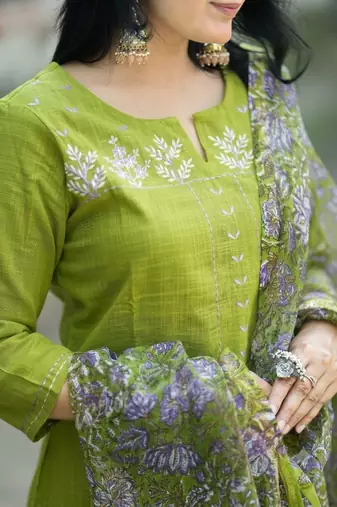 Beautiful mehendi green intricate thread embroidery khadi cotton straight kurta set with handblock kota doria dupatta