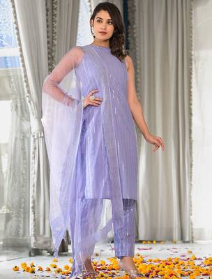 Women Striped Regular Pure Cotton Kurta with Trousers & With Dupatta 3