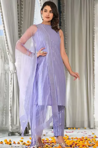 Women Striped Regular Pure Cotton Kurta with Trousers & With Dupatta