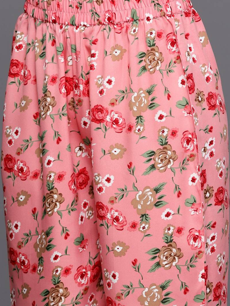 Women Floral Printed Regular Silk Crepe Kurta with Trousers