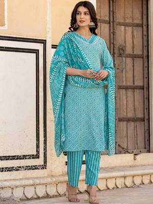 Ethnic Motifs Printed Regular Mirror Work Kurta with Trousers & With Dupatta 1