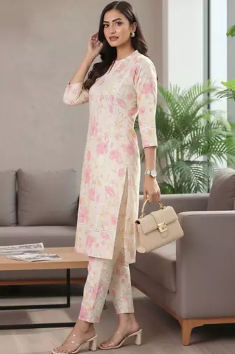 Women Floral Printed Regular Pure Cotton Kurta with Trousers