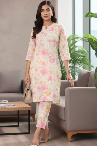 Women Floral Printed Regular Pure Cotton Kurta with Trousers