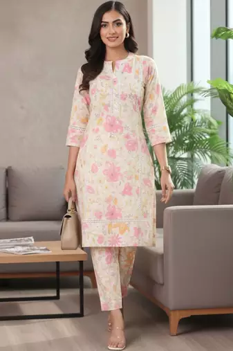 Women Floral Printed Regular Pure Cotton Kurta with Trousers