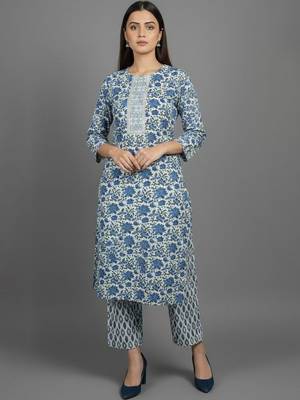 Women Floral Printed Regular Thread Work Kurta with Trousers & With Dupatta 1