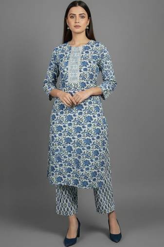 Women Floral Printed Regular Thread Work Kurta with Trousers & With Dupatta