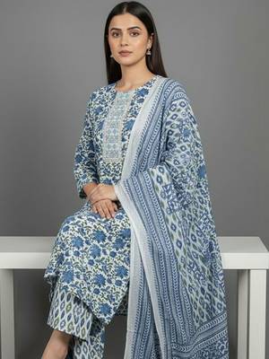 Women Floral Printed Regular Thread Work Kurta with Trousers & With Dupatta 2
