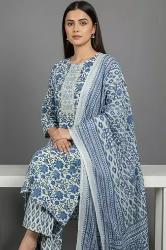 Women Floral Printed Regular Thread Work Kurta with Trousers & With Dupatta