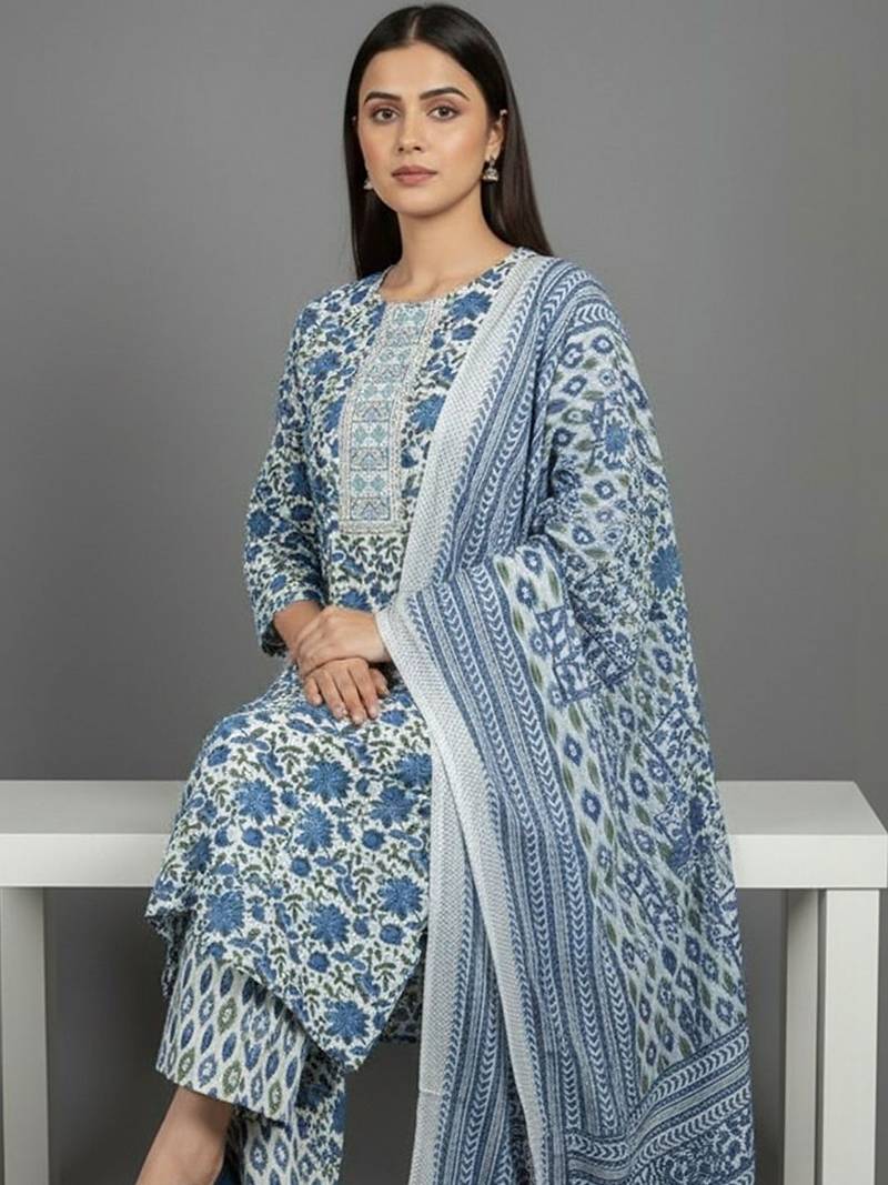 Women Floral Printed Regular Thread Work Kurta with Trousers & With Dupatta
