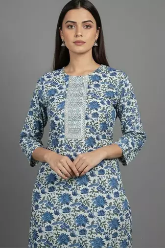 Women Floral Printed Regular Thread Work Kurta with Trousers & With Dupatta