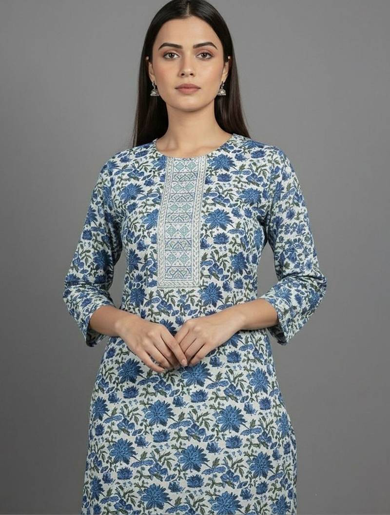 Women Floral Printed Regular Thread Work Kurta with Trousers & With Dupatta