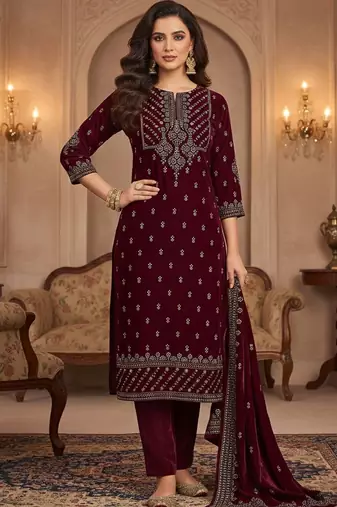 Women Ethnic Motifs Embroidered Regular Thread Work Velvet Kurta with Trousers & With Dupatta