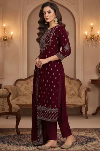 Women Ethnic Motifs Embroidered Regular Thread Work Velvet Kurta with Trousers & With Dupatta
