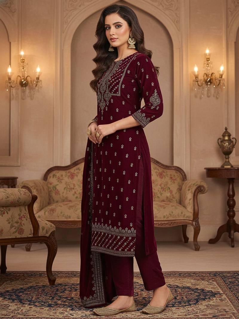 Women Ethnic Motifs Embroidered Regular Thread Work Velvet Kurta with Trousers & With Dupatta