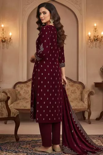 Women Ethnic Motifs Embroidered Regular Thread Work Velvet Kurta with Trousers & With Dupatta