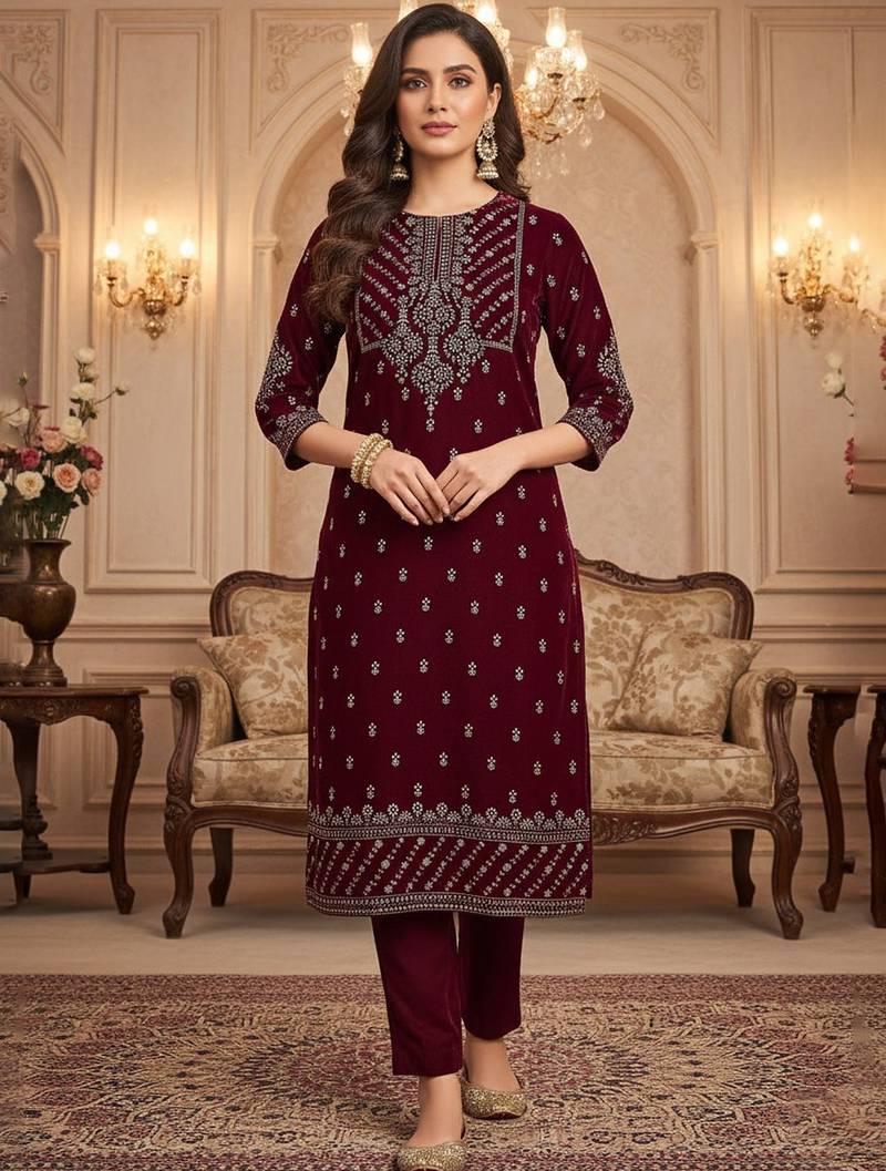 Women Ethnic Motifs Embroidered Regular Thread Work Velvet Kurta with Trousers & With Dupatta
