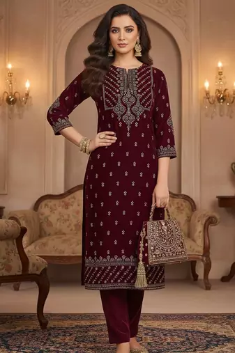 Women Ethnic Motifs Embroidered Regular Thread Work Velvet Kurta with Trousers & With Dupatta