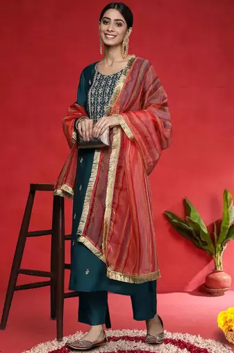 Ethnic Motifs Embroidered Straight Thread Work Kurta With Trousers & Dupatta