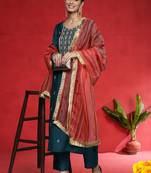 Ethnic Motifs Embroidered Straight Thread Work Kurta With Trousers & Dupatta