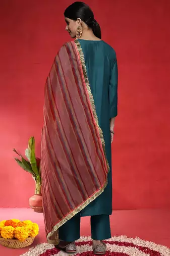 Ethnic Motifs Embroidered Straight Thread Work Kurta With Trousers & Dupatta