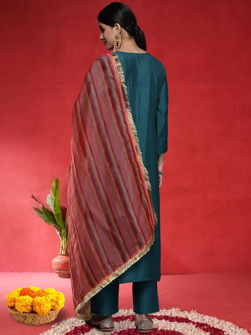 Ethnic Motifs Embroidered Straight Thread Work Kurta With Trousers & Dupatta