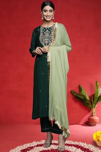 Women Ethnic Motifs Embroidered Regular Kurta with Trousers & Dupatta