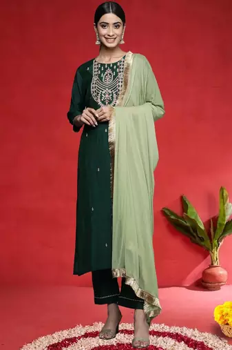 Women Ethnic Motifs Embroidered Regular Kurta with Trousers & Dupatta