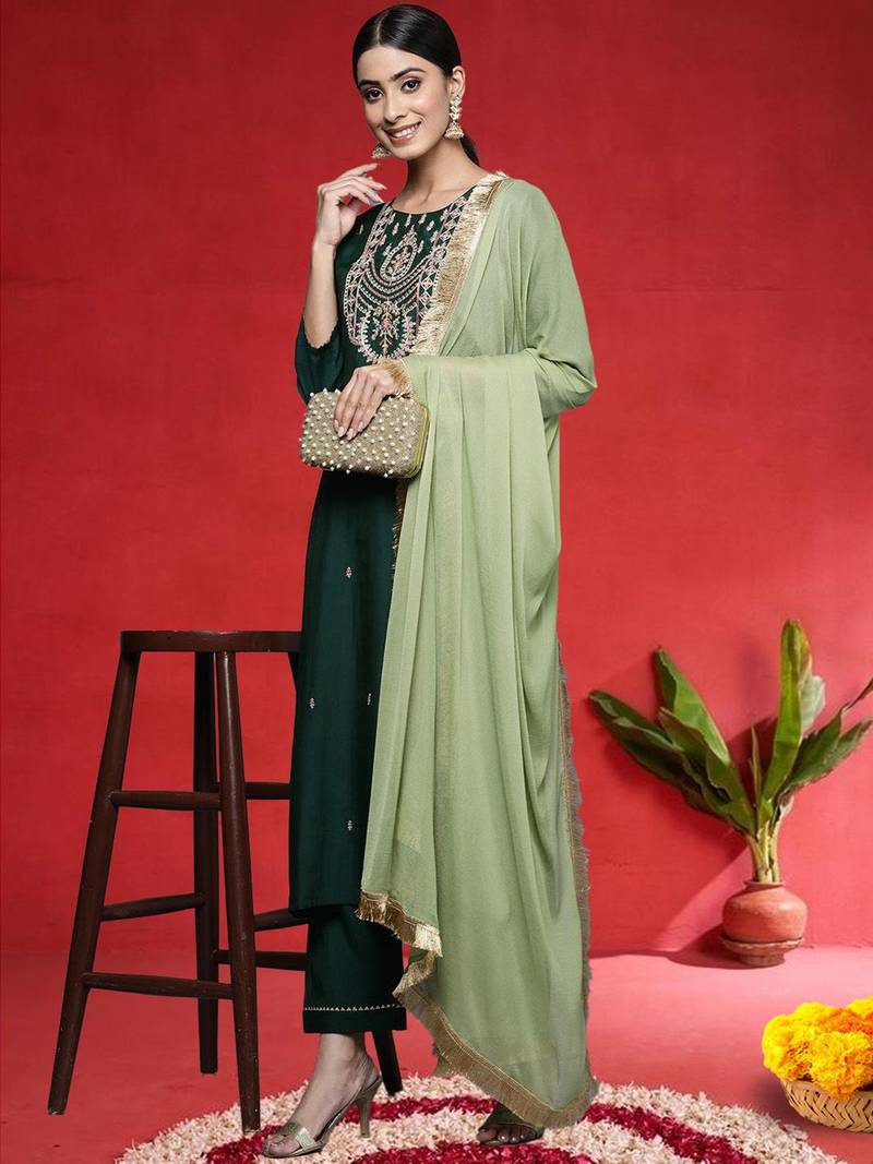 Women Ethnic Motifs Embroidered Regular Kurta with Trousers & Dupatta