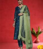 Floral Embroidered Notch Neck Zari Straight Kurta & Trousers With Dupatta