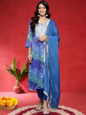 Women Bandhani Printed Round Neck Straight Kurta with Trousers & Dupatta 1