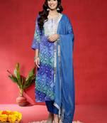 Women Bandhani Printed Round Neck Straight Kurta with Trousers & Dupatta