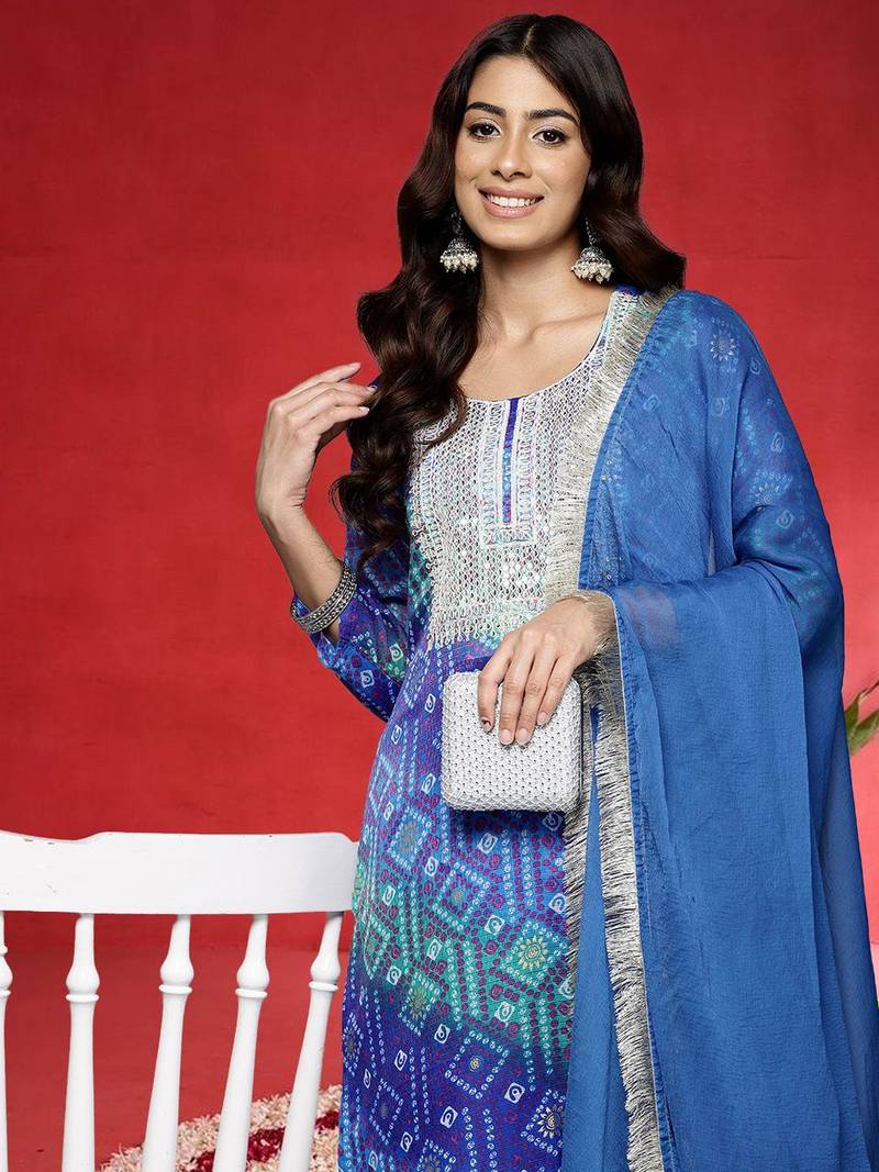 Women Bandhani Printed Round Neck Straight Kurta with Trousers & Dupatta