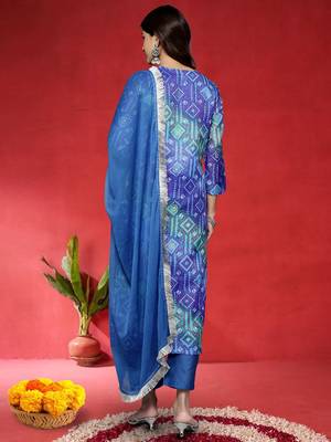 Women Bandhani Printed Round Neck Straight Kurta with Trousers & Dupatta 5