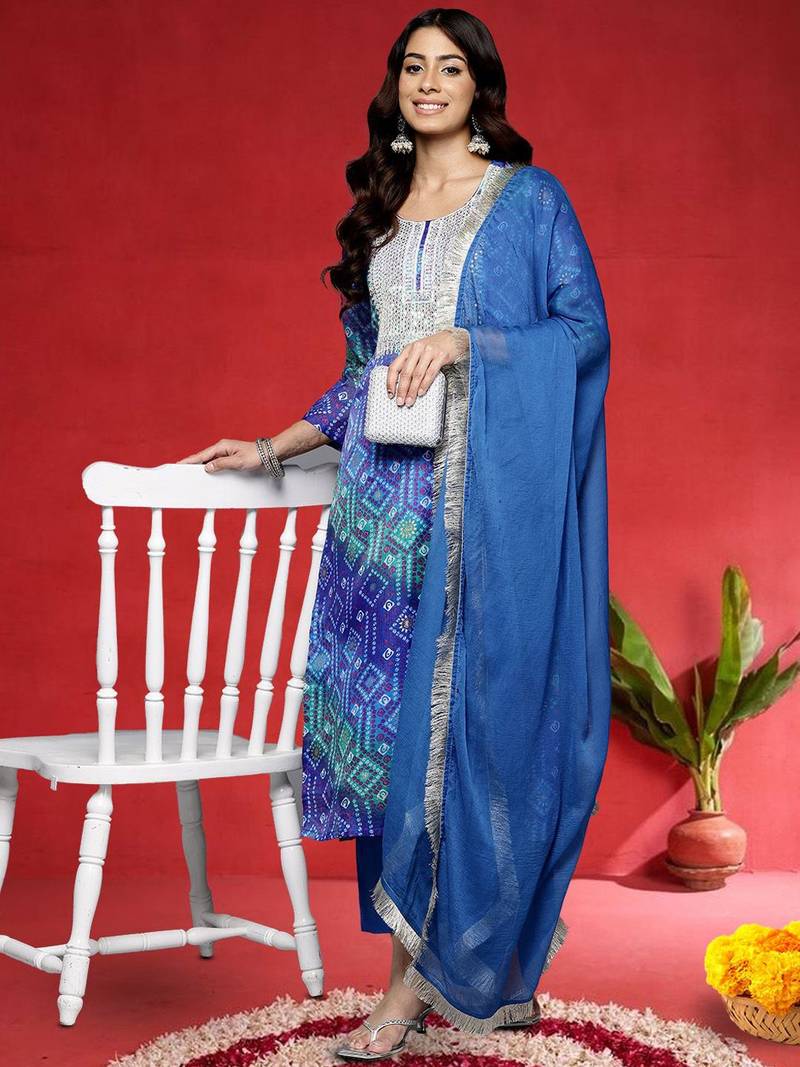 Women Bandhani Printed Round Neck Straight Kurta with Trousers & Dupatta