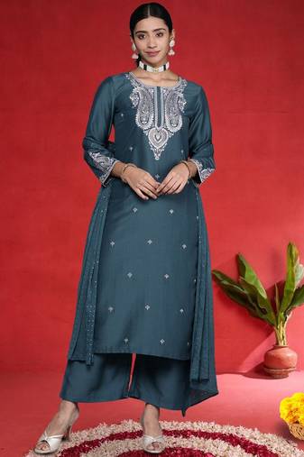 Ethnic Motifs Embroidered Sequinned Straight Kurta With Trousers & Dupatta