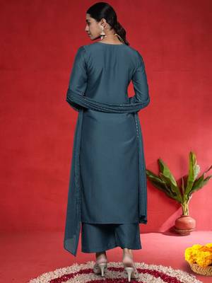 Ethnic Motifs Embroidered Sequinned Straight Kurta With Trousers & Dupatta 5