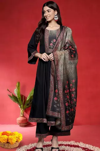Floral Yoke Design Empire Sequinned Anarkali Kurta With Trouser And Dupatta