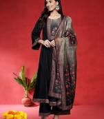 Floral Yoke Design Empire Sequinned Anarkali Kurta With Trouser And Dupatta