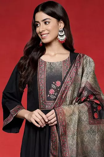 Floral Yoke Design Empire Sequinned Anarkali Kurta With Trouser And Dupatta