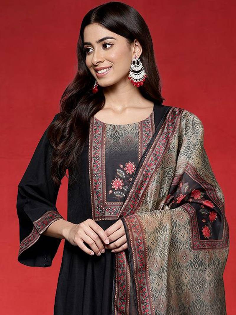 Floral Yoke Design Empire Sequinned Anarkali Kurta With Trouser And Dupatta