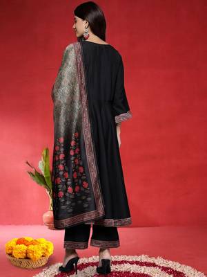 Floral Yoke Design Empire Sequinned Anarkali Kurta With Trouser And Dupatta 4